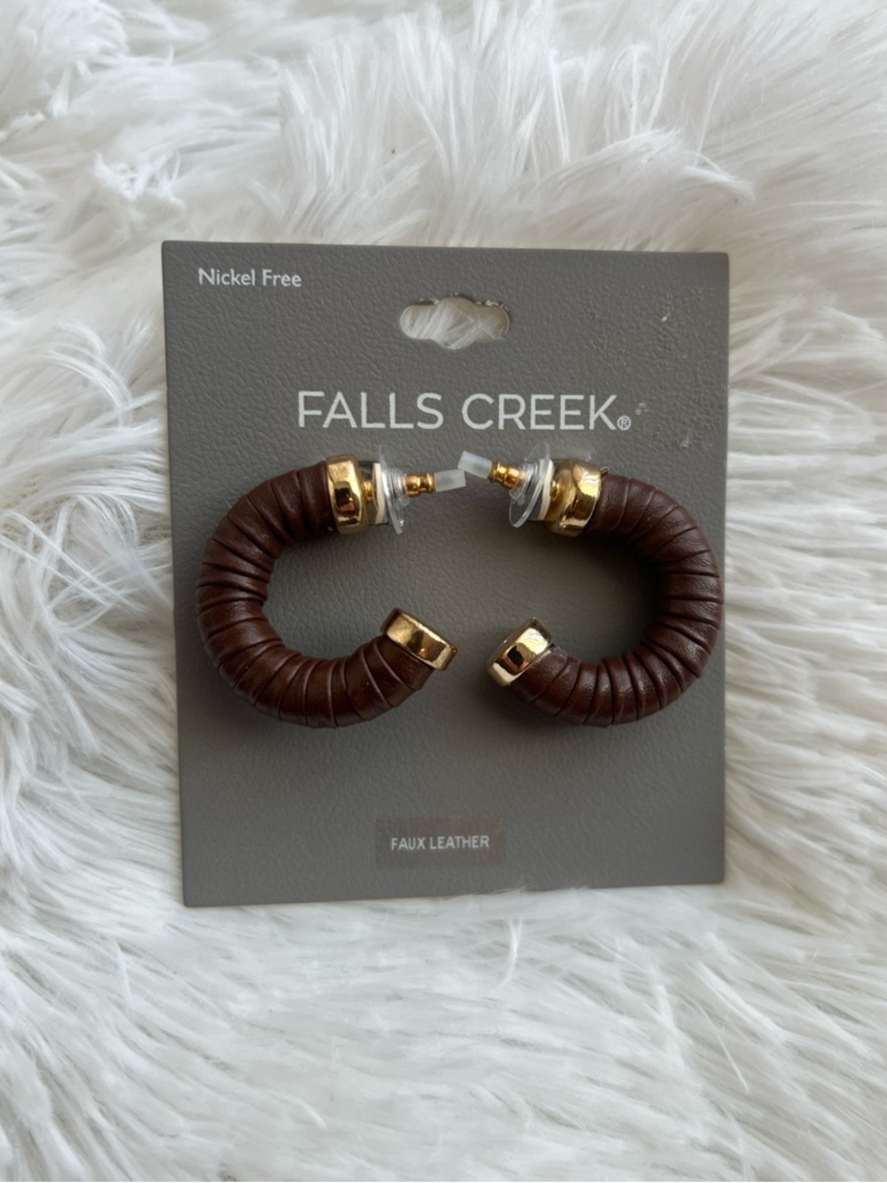 Falls Creek Brown Faux Leather Hoop Earrings Gold Tone Ends New